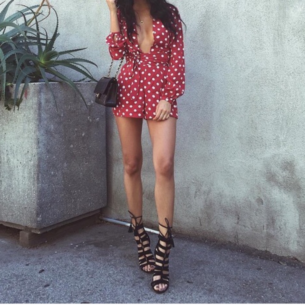 Privacy Please red and white polka dot romper